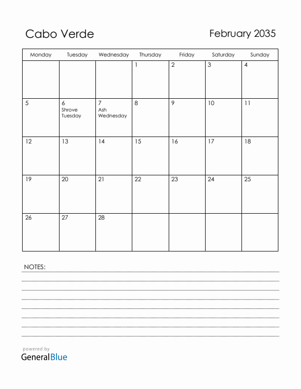 February 2035 Cabo Verde Calendar with Holidays (Monday Start)