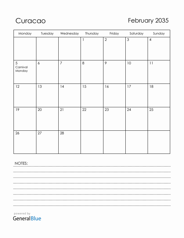 February 2035 Curacao Calendar with Holidays (Monday Start)