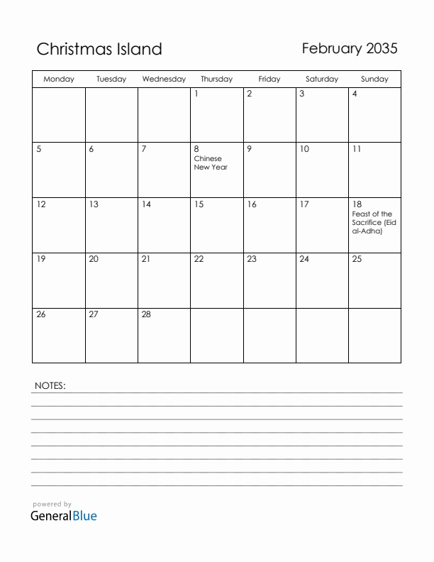 February 2035 Christmas Island Calendar with Holidays (Monday Start)