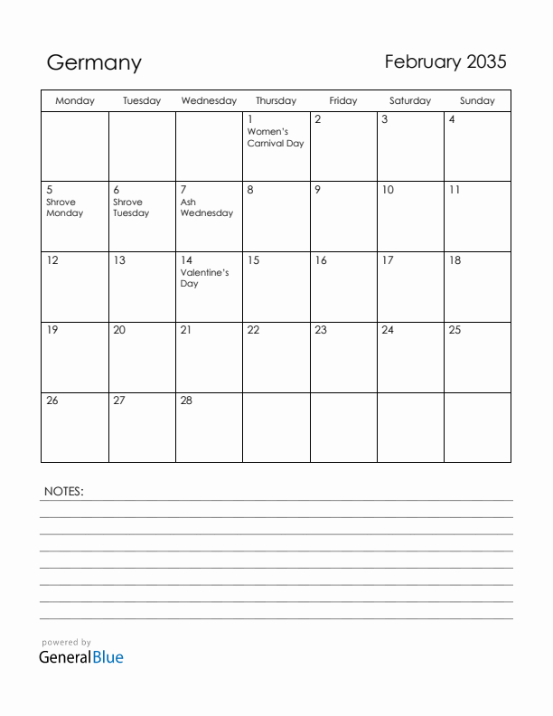 February 2035 Germany Calendar with Holidays (Monday Start)