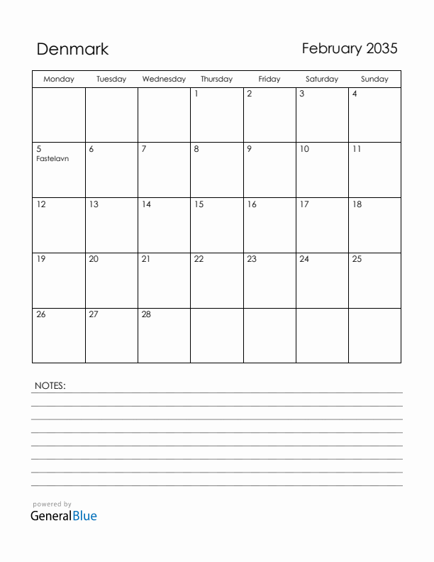 February 2035 Denmark Calendar with Holidays (Monday Start)