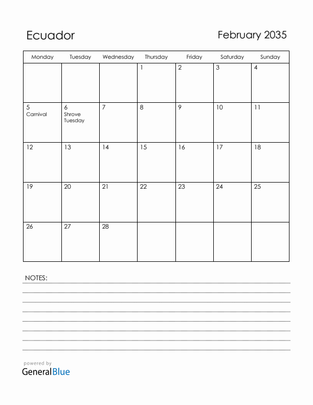 February 2035 Ecuador Calendar with Holidays (Monday Start)