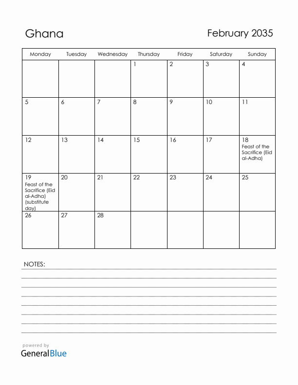 February 2035 Ghana Calendar with Holidays (Monday Start)