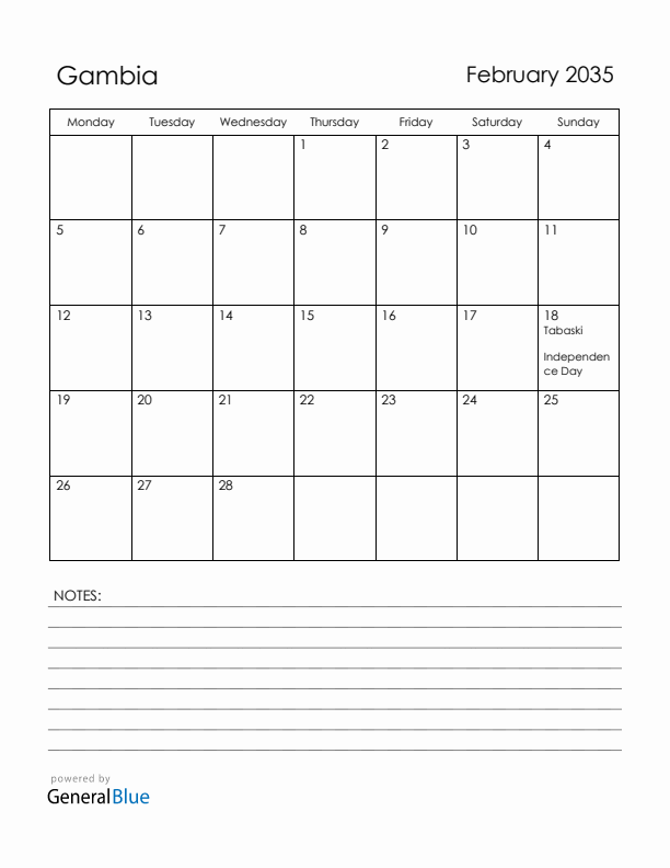February 2035 Gambia Calendar with Holidays (Monday Start)