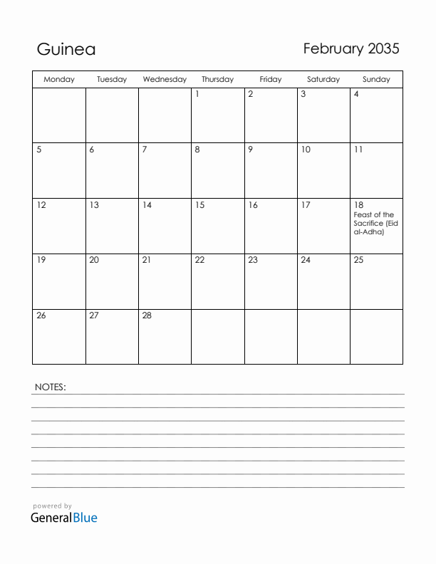 February 2035 Guinea Calendar with Holidays (Monday Start)