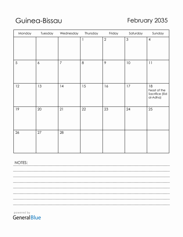 February 2035 Guinea-Bissau Calendar with Holidays (Monday Start)