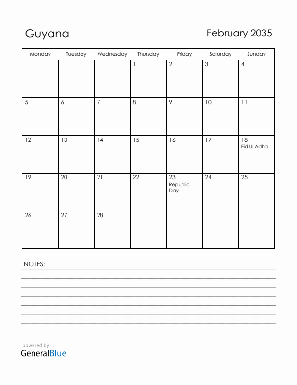 February 2035 Guyana Calendar with Holidays (Monday Start)
