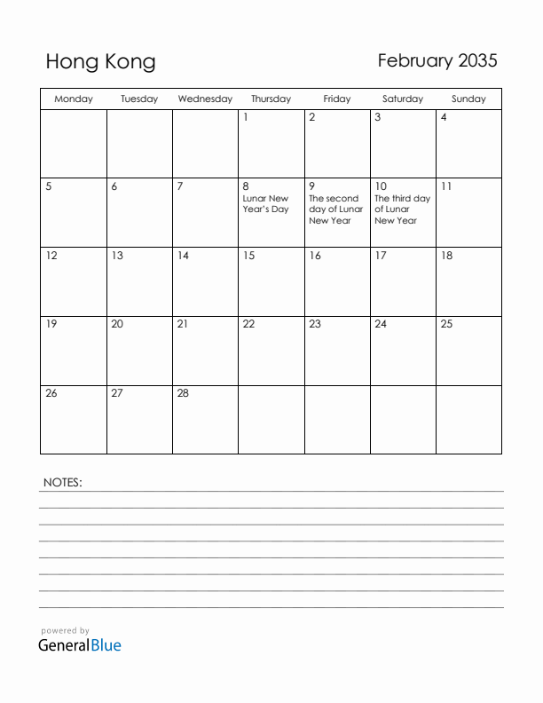 February 2035 Hong Kong Calendar with Holidays (Monday Start)