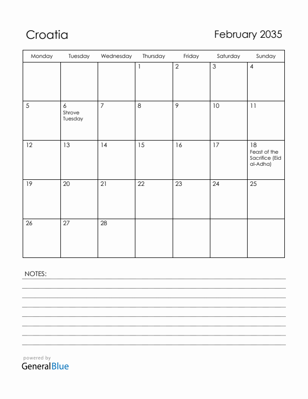 February 2035 Croatia Calendar with Holidays (Monday Start)