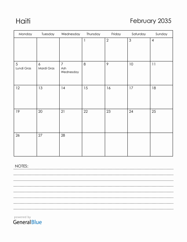 February 2035 Haiti Calendar with Holidays (Monday Start)