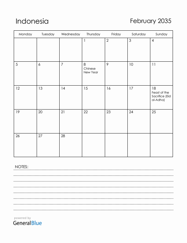 February 2035 Indonesia Calendar with Holidays (Monday Start)