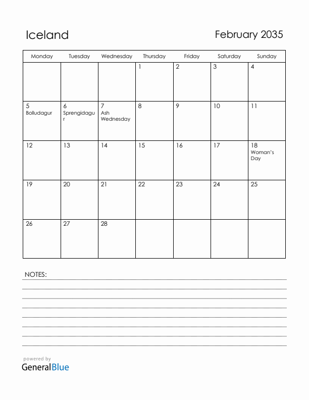 February 2035 Iceland Calendar with Holidays (Monday Start)