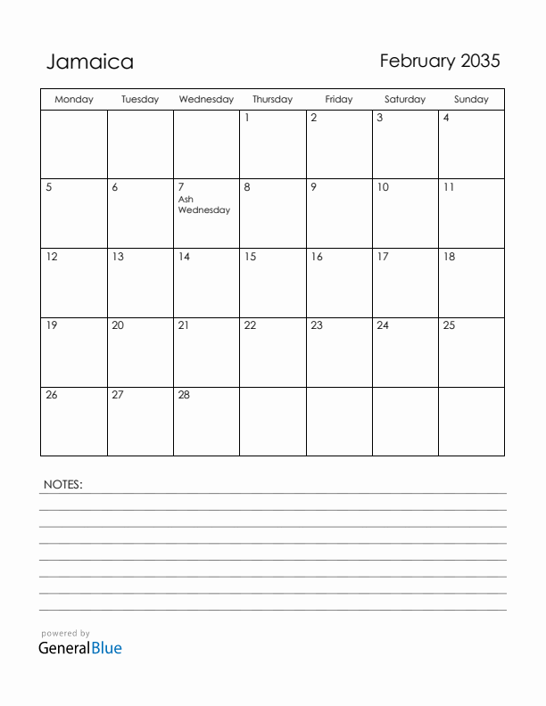 February 2035 Jamaica Calendar with Holidays (Monday Start)