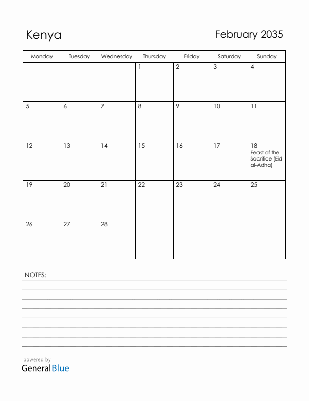 February 2035 Kenya Calendar with Holidays (Monday Start)