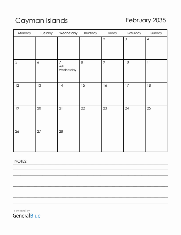 February 2035 Cayman Islands Calendar with Holidays (Monday Start)