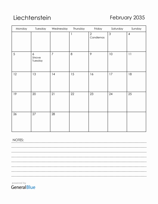 February 2035 Liechtenstein Calendar with Holidays (Monday Start)