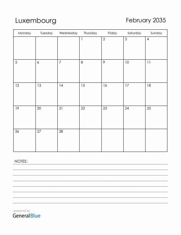 February 2035 Luxembourg Calendar with Holidays (Monday Start)