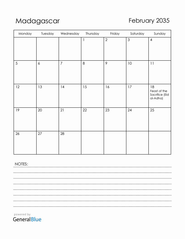 February 2035 Madagascar Calendar with Holidays (Monday Start)