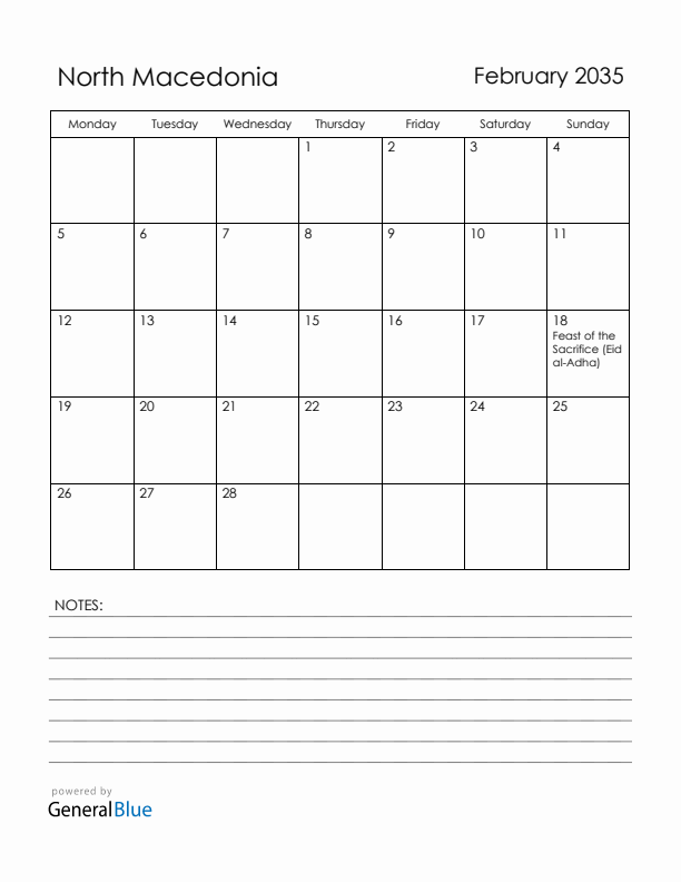 February 2035 North Macedonia Calendar with Holidays (Monday Start)