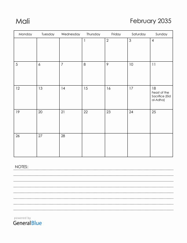 February 2035 Mali Calendar with Holidays (Monday Start)