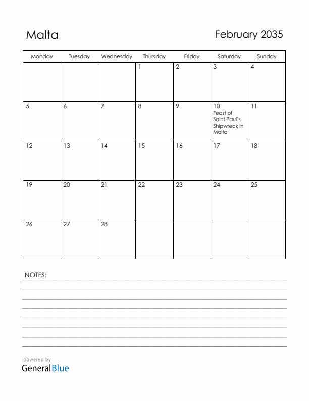 February 2035 Malta Calendar with Holidays (Monday Start)