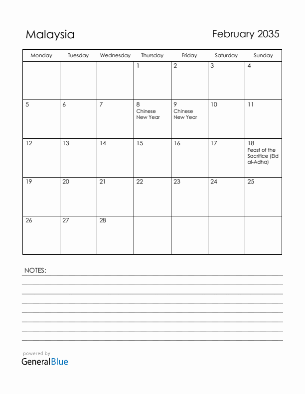 February 2035 Malaysia Calendar with Holidays (Monday Start)