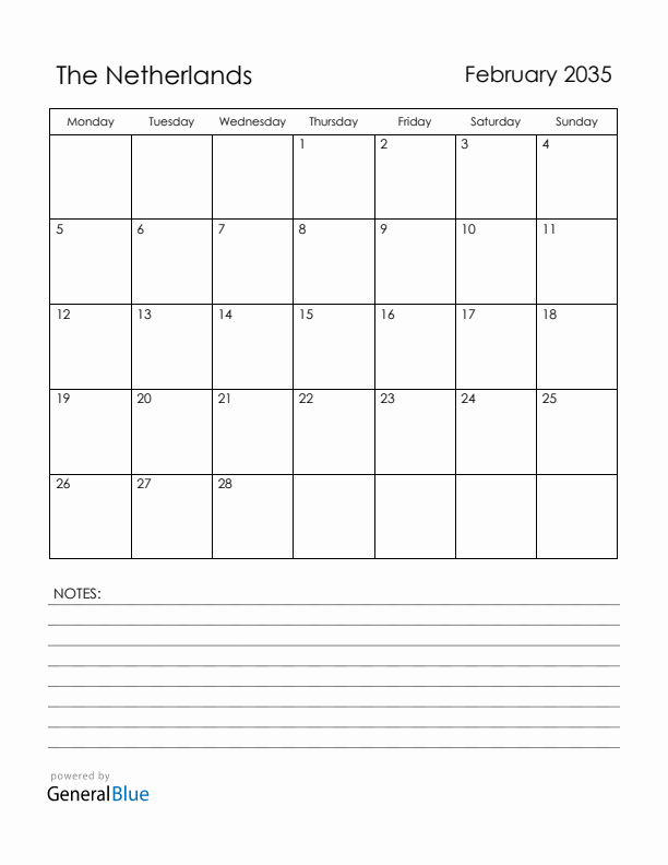 February 2035 The Netherlands Calendar with Holidays (Monday Start)