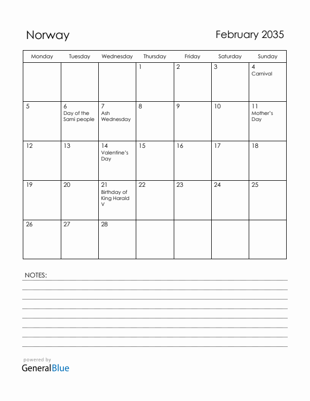 February 2035 Norway Calendar with Holidays (Monday Start)