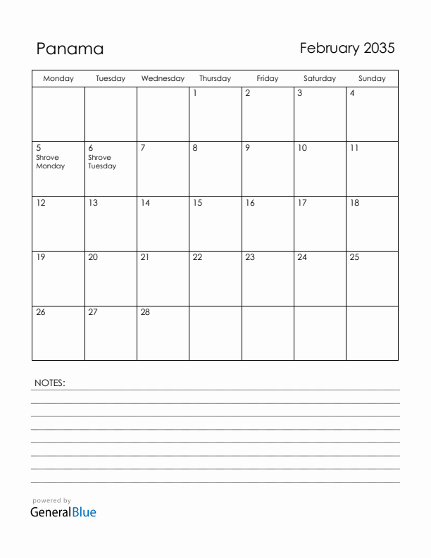 February 2035 Panama Calendar with Holidays (Monday Start)