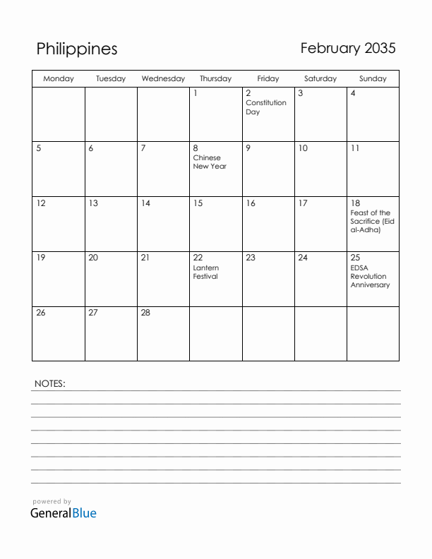 February 2035 Philippines Calendar with Holidays (Monday Start)