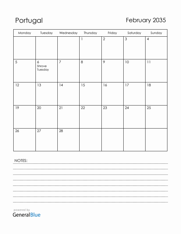 February 2035 Portugal Calendar with Holidays (Monday Start)