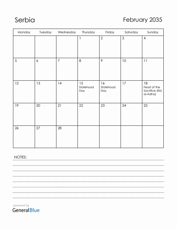 February 2035 Serbia Calendar with Holidays (Monday Start)