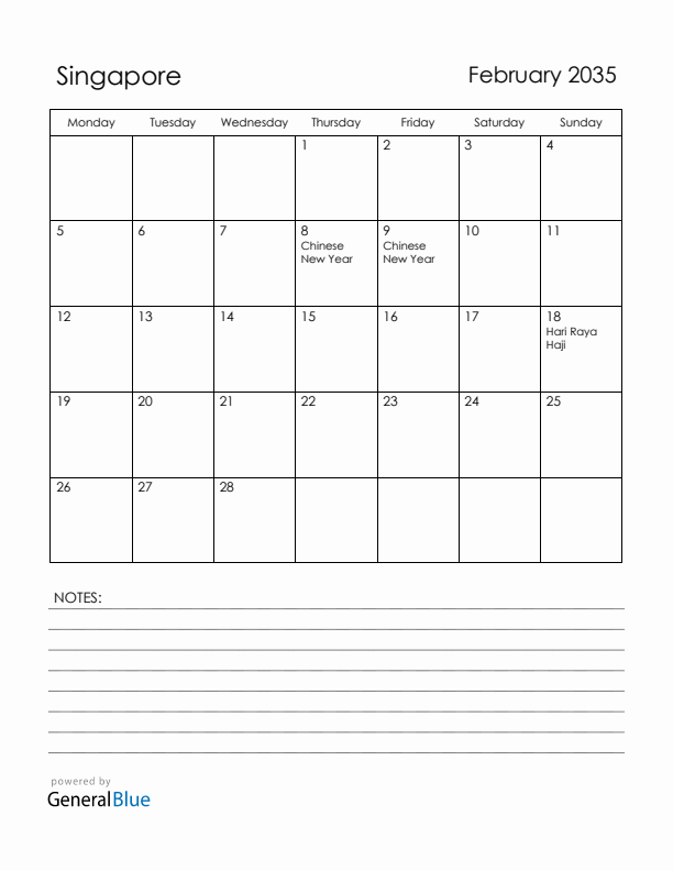 February 2035 Singapore Calendar with Holidays (Monday Start)