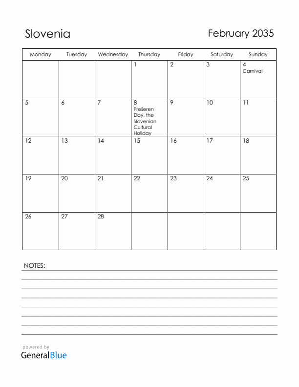February 2035 Slovenia Calendar with Holidays (Monday Start)