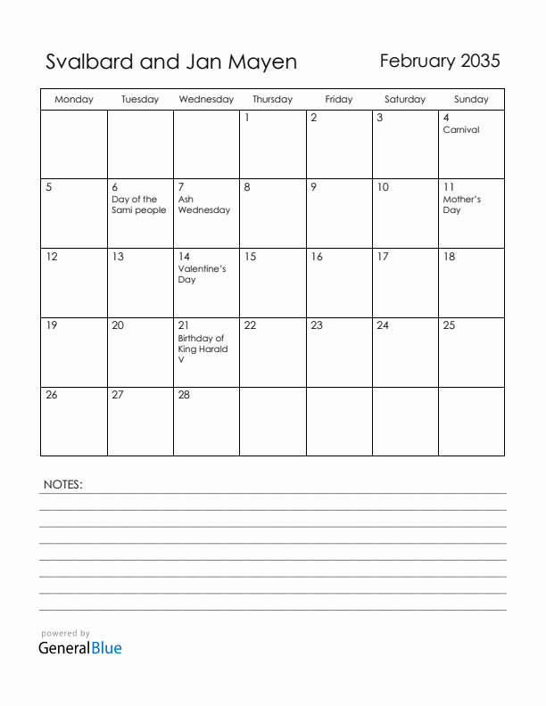 February 2035 Svalbard and Jan Mayen Calendar with Holidays (Monday Start)