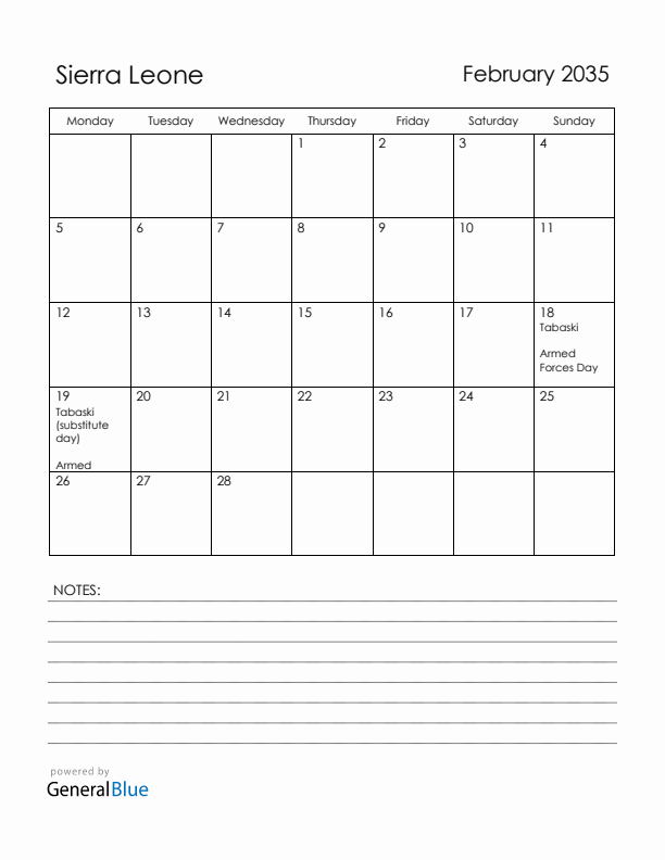 February 2035 Sierra Leone Calendar with Holidays (Monday Start)