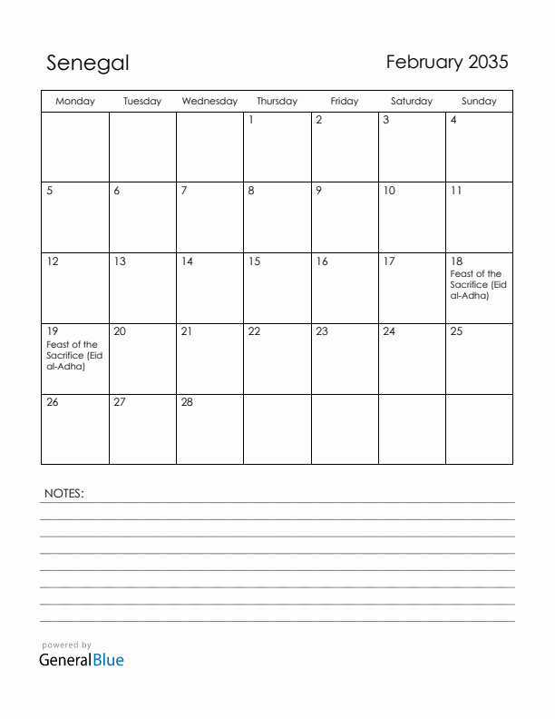 February 2035 Senegal Calendar with Holidays (Monday Start)