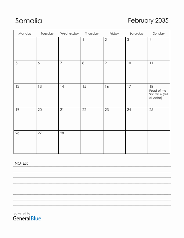 February 2035 Somalia Calendar with Holidays (Monday Start)