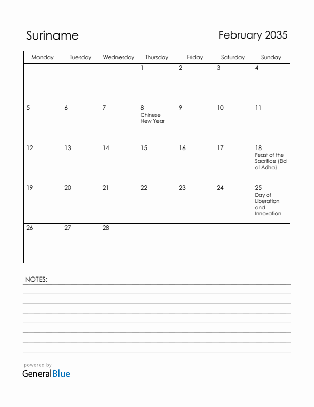 February 2035 Suriname Calendar with Holidays (Monday Start)