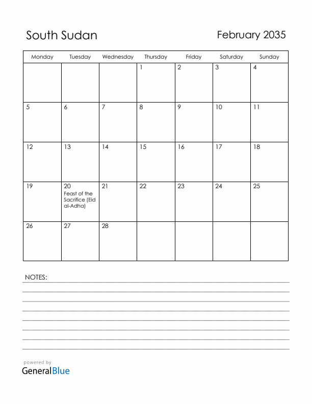 February 2035 South Sudan Calendar with Holidays (Monday Start)