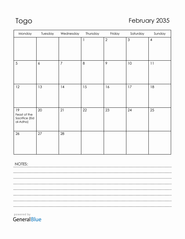 February 2035 Togo Calendar with Holidays (Monday Start)