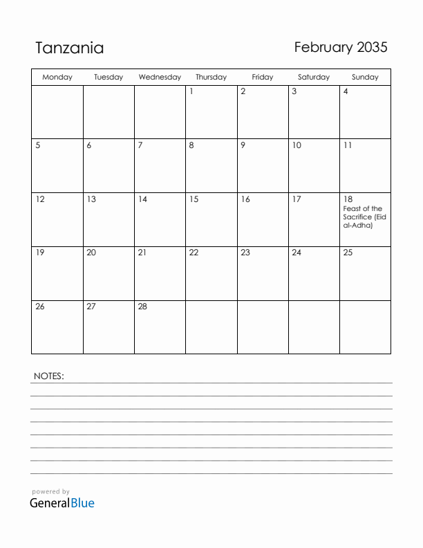 February 2035 Tanzania Calendar with Holidays (Monday Start)