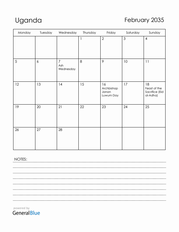February 2035 Uganda Calendar with Holidays (Monday Start)