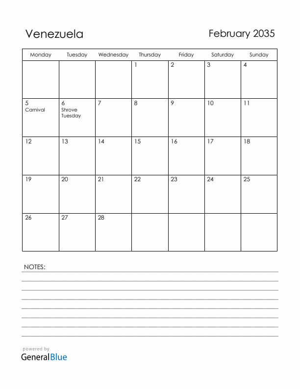 February 2035 Venezuela Calendar with Holidays (Monday Start)