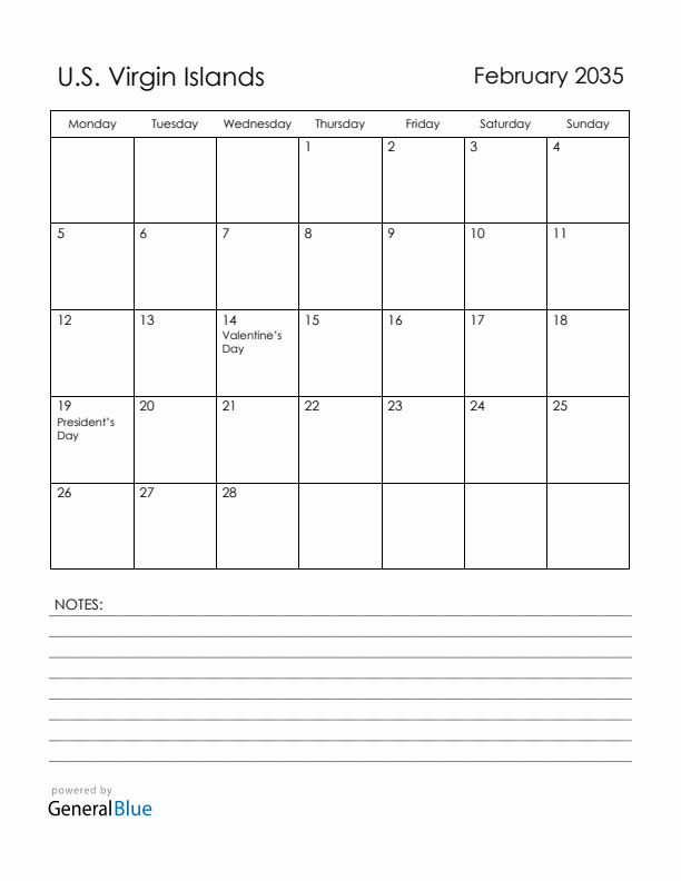 February 2035 U.S. Virgin Islands Calendar with Holidays (Monday Start)