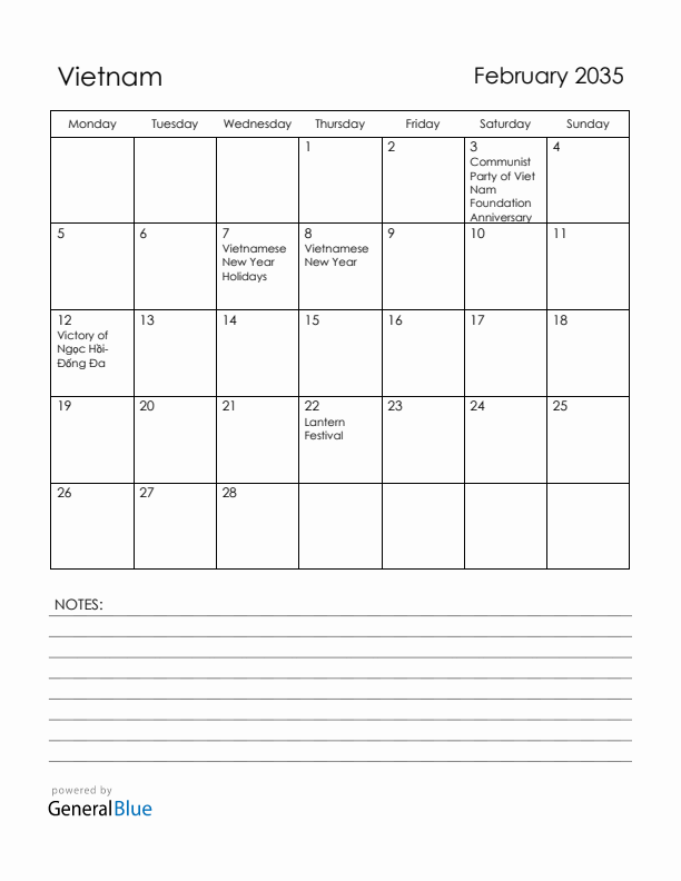 February 2035 Vietnam Calendar with Holidays (Monday Start)