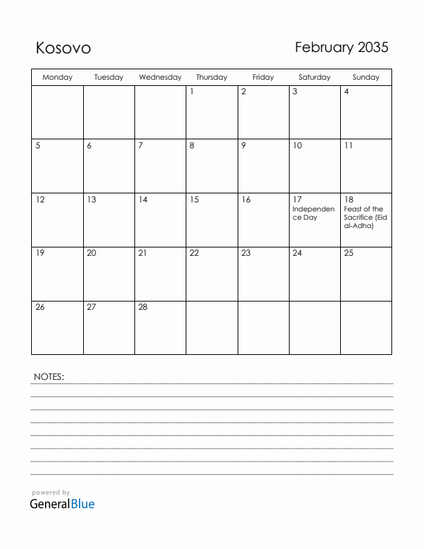 February 2035 Kosovo Calendar with Holidays (Monday Start)