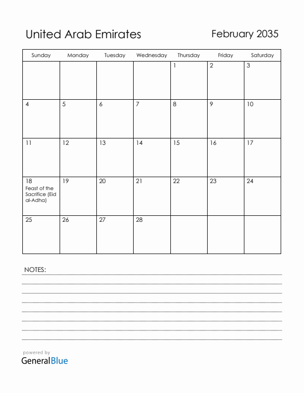 February 2035 United Arab Emirates Calendar with Holidays (Sunday Start)