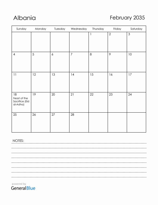February 2035 Albania Calendar with Holidays (Sunday Start)