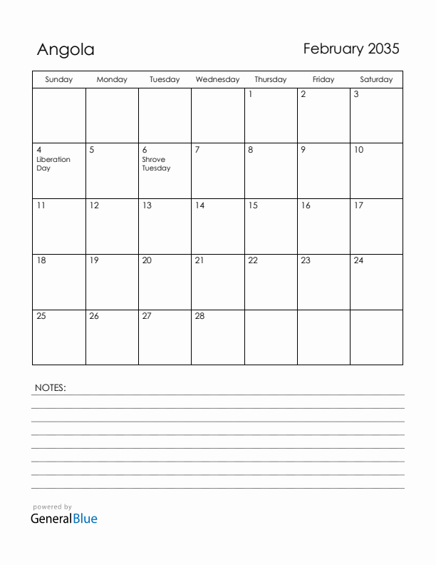 February 2035 Angola Calendar with Holidays (Sunday Start)